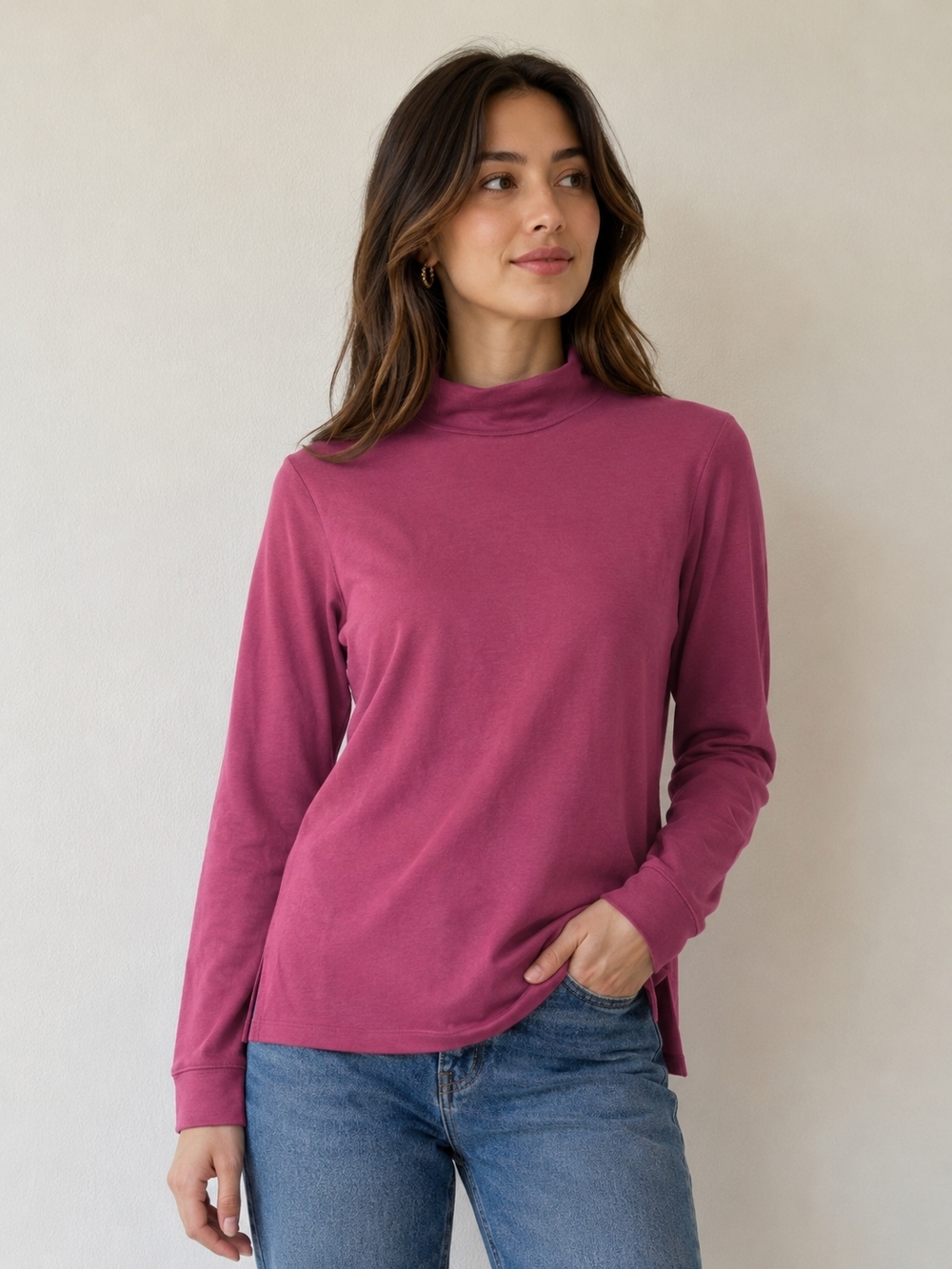 Women's Long Sleeve Mock Neck Top in Berry Pink
